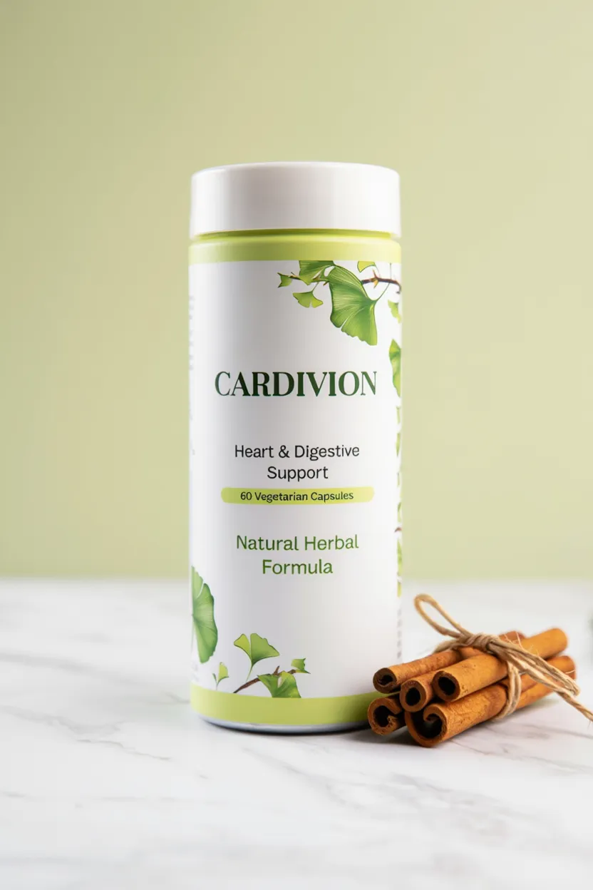 Cardivion natural supplement bottle with herbal ingredients for heart and digestive support